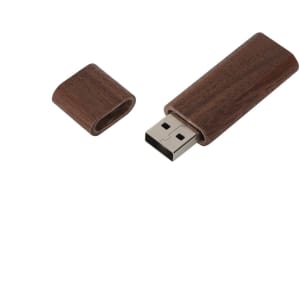 A rounded wooden flash drive in a rich brown hue, with a removable cap. It features a sleek, minimalist design and a logo.