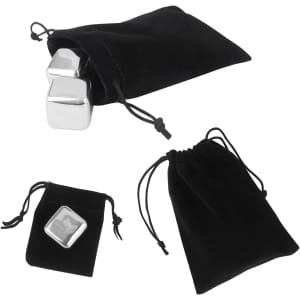Stainless steel ice cubes in black velvet pouches, featuring a shiny silver finish and three different sizes.