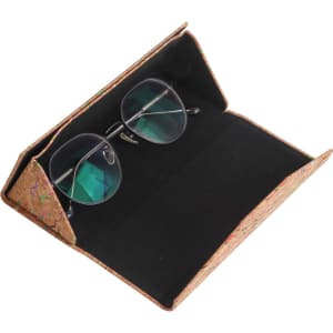 A foldable cork glasses case in natural shades, featuring a soft black interior and displaying a pair of sunglasses inside.