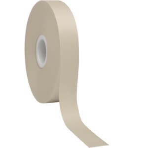 A roll of cream-coloured satin polyester ribbon with a smooth finish, featuring a central core.