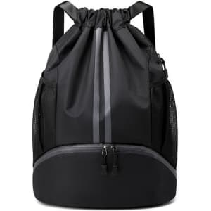 A black drawstring backpack featuring wet and dry separation compartments and mesh side pockets. It has a logo.
