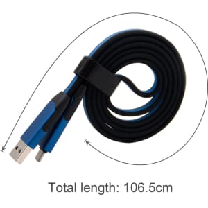 A long, braided charging cable in black and blue, coiled with USB and connector ends, measuring 106.5 cm.