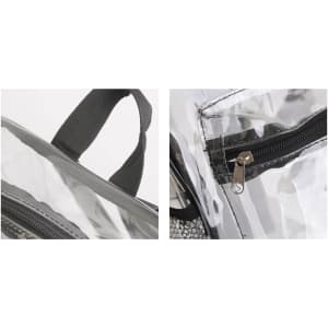A transparent backpack in clear material with a black zipper and strap details, featuring a small zippered pocket.