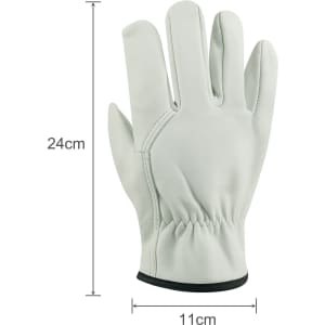 A pair of light grey leather work gloves displayed against a white background, with measurements provided.