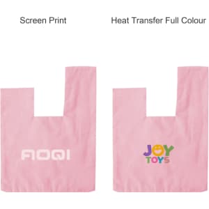 A pink cotton wrist bag featuring a logo on one side, with a simple design and open top.