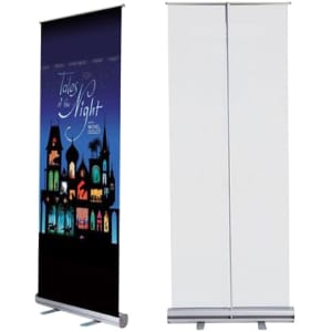 A pull-up banner featuring a dark background with colourful buildings and a logo, in a vertical format.