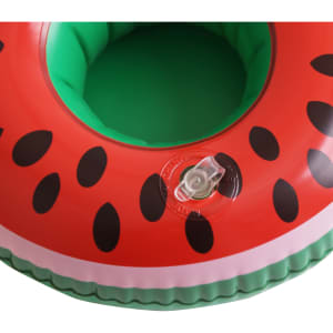 An inflatable cup holder in a watermelon design featuring red, green, and black colours. Includes a logo.