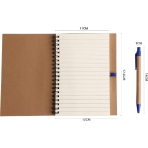 A kraft notebook with lined pages and a blue ballpoint pen, featuring a spiral binding and natural brown cover.