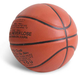 An orange PU basketball with a textured surface and black markings. It features a logo.