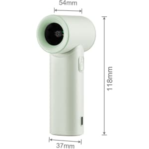A high-speed portable handheld fan in light green, featuring a circular head and a compact design.