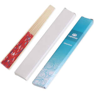 A Chinese foldable fan in red and beige, displayed in a protective box with a logo.