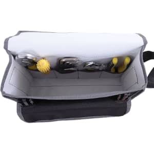 A grey portable tool bag opened to display yellow tools and metal utensils inside, with a black exterior.