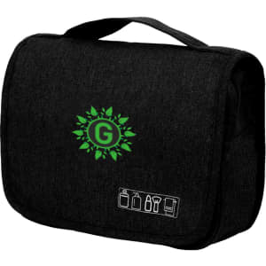 A black travel hanging toiletry bag with a handle and a logo, featuring various accessory icons.