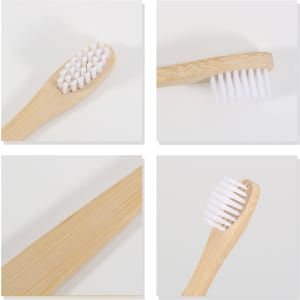 A small bamboo toothbrush with a light wooden handle and white bristles, displayed from multiple angles.
