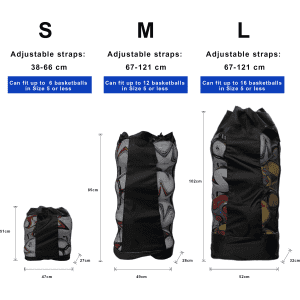 A drawstring mesh ball bag in black, with three sizes shown, featuring adjustable straps and a logo.