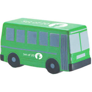 A green bus-shaped stress reliever with grey details and a logo, designed in a fun and playful style.
