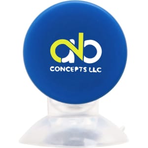 A blue sand timer with a clear base, featuring a logo on the front.