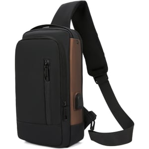 A black and brown anti-theft sling bag with a padded strap and multiple zippered compartments.