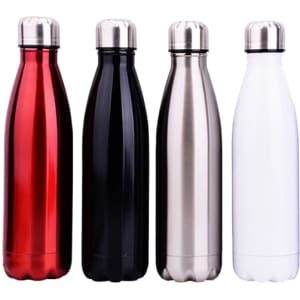 A drink bottle set featuring a red, black, silver, and white 500ml double wall stainless steel design, with metal caps.