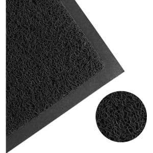A black floor mat with a textured surface, featuring a close-up of its fibrous design and a logo.