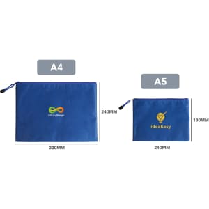 A blue zip bag in A4 and A5 sizes, featuring logos on the front of each bag.
