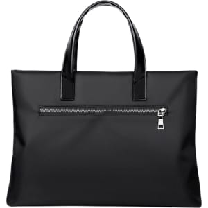 A nylon briefcase in black with two handles and a front zippered pocket. It features a logo.