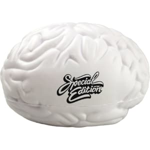 A white brain-shaped stress reliever with a textured surface and a logo on one side.