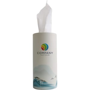 A cylindrical tissue dispenser in white with a colourful logo and a decorative wave design.