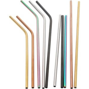 A selection of stainless steel drinking straws in various colours, including gold, copper, silver, black, and green.