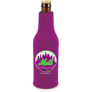 A drink bottle is wrapped in a purple zippered cooler featuring a logo.
