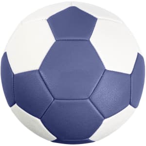 A machine-stitched handball in purple and white, featuring a classic hexagonal pattern and a logo.
