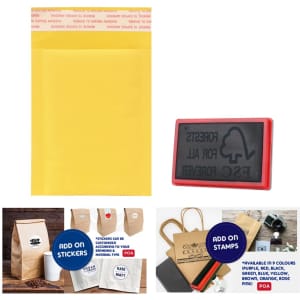 A small padded bubble envelope in yellow, featuring a logo, alongside a rubber stamp and promotional products.