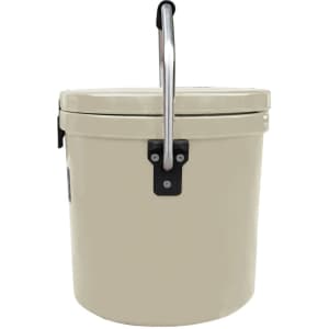 A 12L ice bucket in beige with a silver handle and a black latch, featuring a logo on the side.