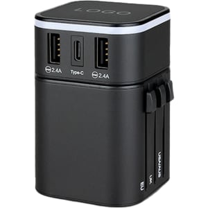 A black travel adapter with multiple ports, including USB and Type-C connections, featuring a logo.
