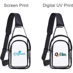A clear PVC crossbody backpack with black straps, featuring a pocket on the front for storage and logos.