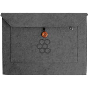 A grey felt laptop bag with a button closure and an exterior pocket, featuring a logo design.