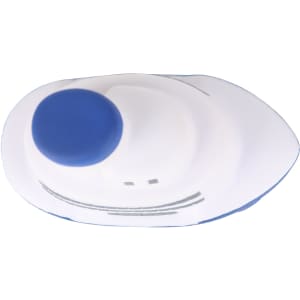 A ship-shaped stress reliever in white with blue accents, featuring a simple, smooth design.