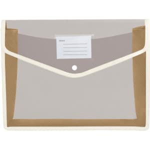 A transparent envelope expanding document folder with a cream border and a label for identification.