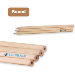 A set of round grey-lead pencils with wooden bodies, featuring logos on two of the pencils.