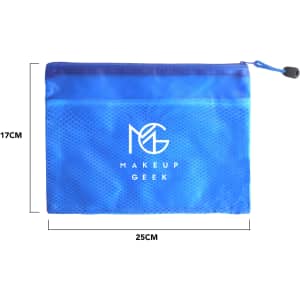A blue zippered pouch bag with a mesh design, featuring a logo and dimensions of 25cm by 17cm.