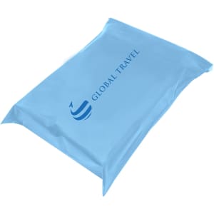 A light blue self-sealing plastic mailing bag with a logo printed on the front.