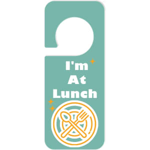 A custom shape acrylic door hanger in a teal colour with a fork and knife design. It has a circular cut-out for hanging.