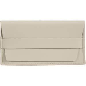 A PU leather glasses pouch in a light beige colour, featuring a flap closure and a logo.