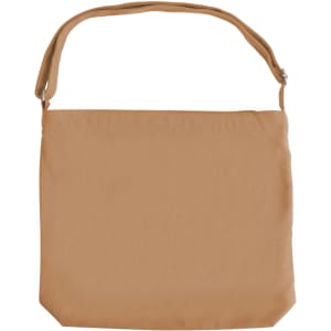 A tan canvas tote bag with a long strap and a simple, minimalist design. It features a logo on one side.