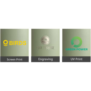 Three sections featuring different printing methods: Screen Print, Engraving, and UV Print on a green backdrop.