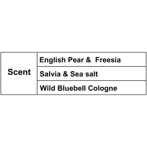 A white label listing three candle scents: English Pear & Freesia, Salvia & Sea Salt, and Wild Bluebell Cologne.