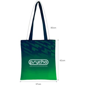 A green and navy sublimation canvas tote bag with a logo, featuring long handles and dimensions of 42cm by 37cm.
