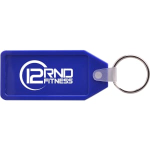 A blue hard plastic keyring featuring a silver keyring attachment and a logo.