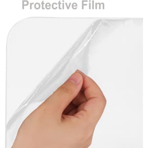 A hand peeling back a clear protective film from a rectangular, transparent screen. The product features a smooth surface.