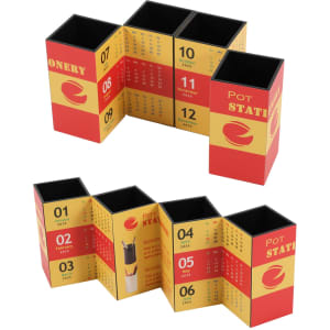 A four-panel foldable pen holder in red and yellow, featuring multiple compartments and a logo design.